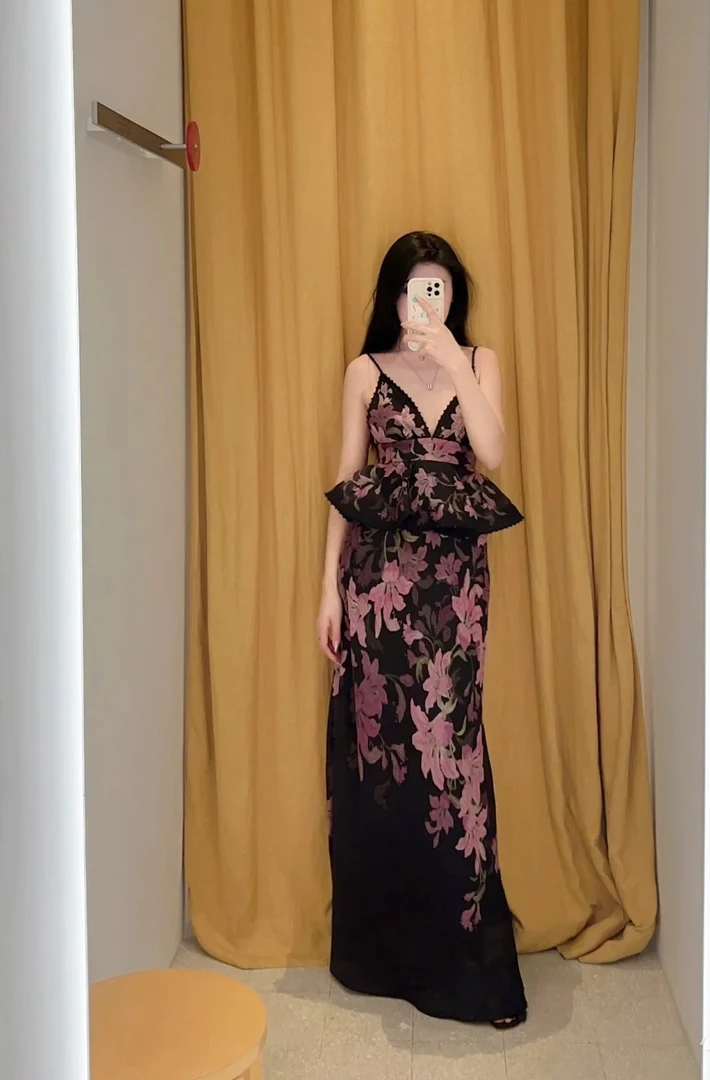 黑色鸢尾花订珠长款吊带连衣裙