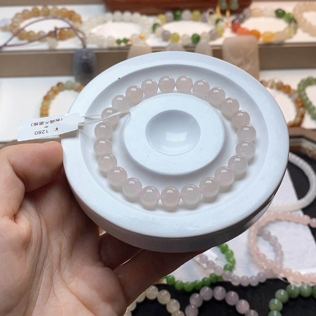 和田玉手链未镶嵌藕粉微猫卡八