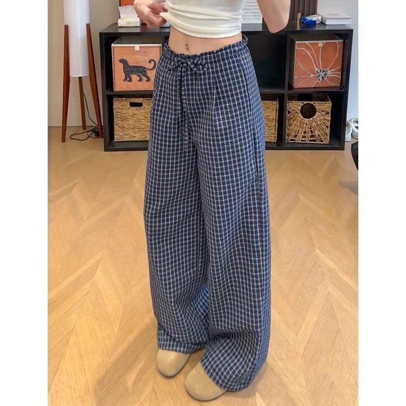 蓝色休闲格子裤女夏季新款高腰显瘦木耳边小众设计宽松垂感阔腿裤