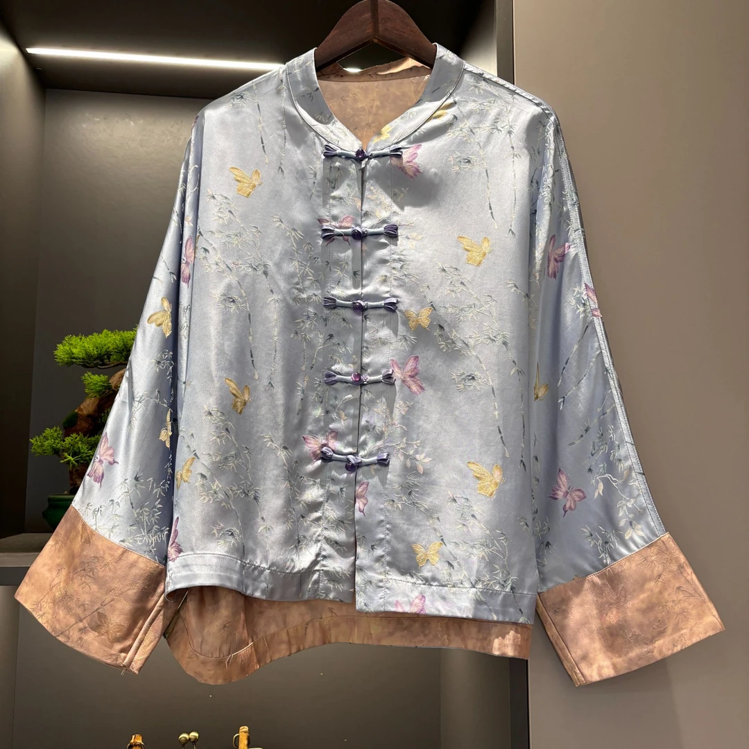 中式开衫复古蝴蝶花色传统改良盘扣春季女装宽松上衣3751