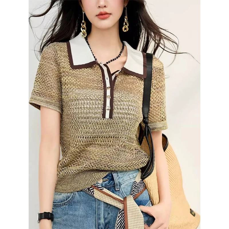 夏季亚麻时尚设计感百塔POLO领短袖针织衫152092