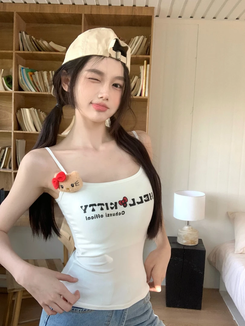 【甜辣吊带 带胸垫】字母印花少女带胸垫细肩带可爱外穿内搭背心