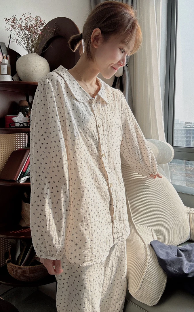 新款春夏双层棉纱亲肤家居服两件套睡衣女