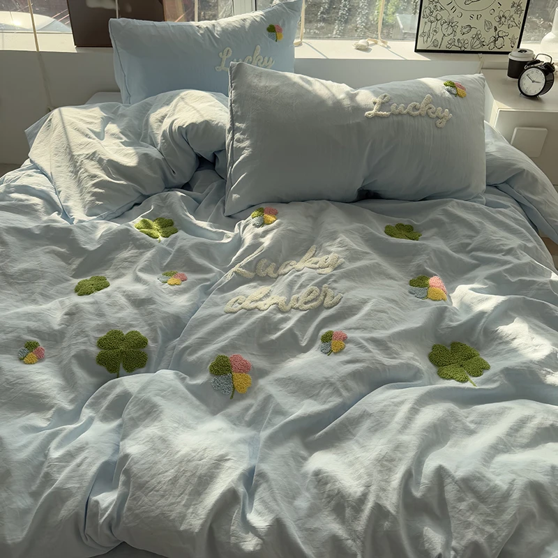 公主风毛巾绣幸运草天蓝被套床上四件套紫色床单被罩宿舍床三件套