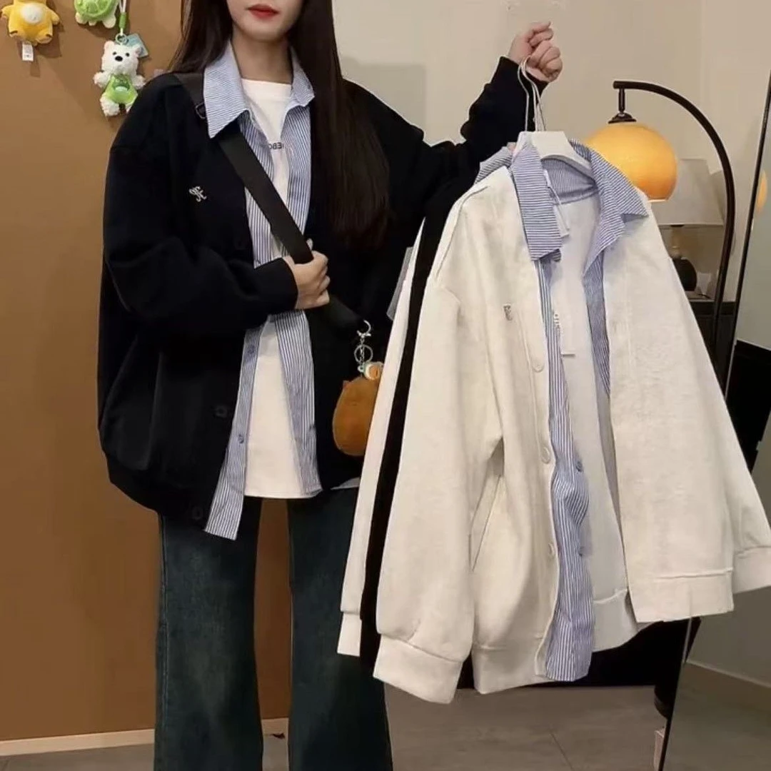 韩系chic假两件开衫外套女春季学院风宽松学生少女外搭上衣高中生
