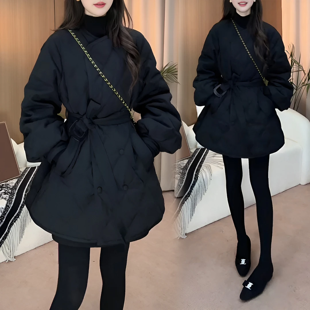 黑色小香风圆领菱格棉服外套女2025秋冬新高级感收腰气质夹棉上衣