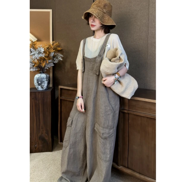 HY1987罗罗韩版森系薄款亚麻百搭宽松阔腿裤复古背带裤减龄设计感