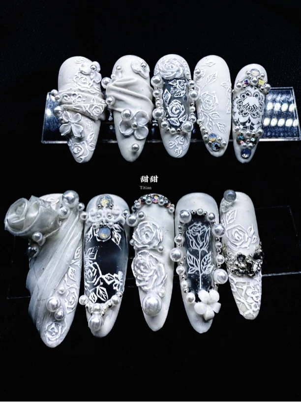 罗曼蒂克设计师款纯手工穿戴甲轻奢重工爆闪长尖款式时尚气质