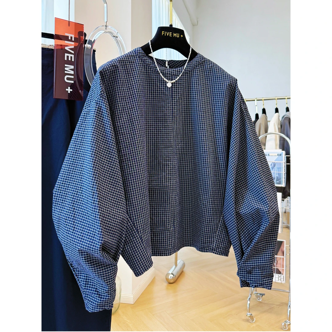 胖妹妹240斤大码韩系穿搭蝙蝠袖格子圆领衬衫女秋季宽松小衫上衣