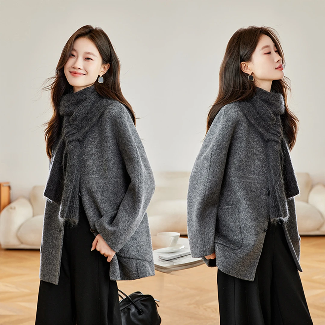 秋冬时尚冬长袖女毛呢外套2025秋冬新款双面中长款加厚韩版宽松女