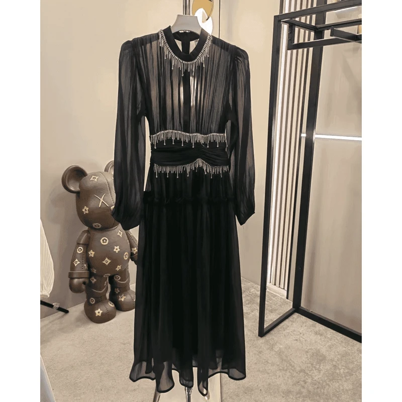 褶皱纯色长袖套头夏季法式连衣裙黑色时尚复古拼接