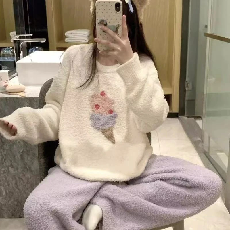 冬季半边绒睡衣女加绒保暖休闲可外穿家居服套装