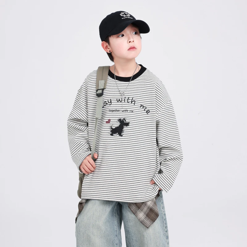 男女童2025新款韩式潮流百搭春秋条纹长袖T恤休闲宽松上衣打底衫