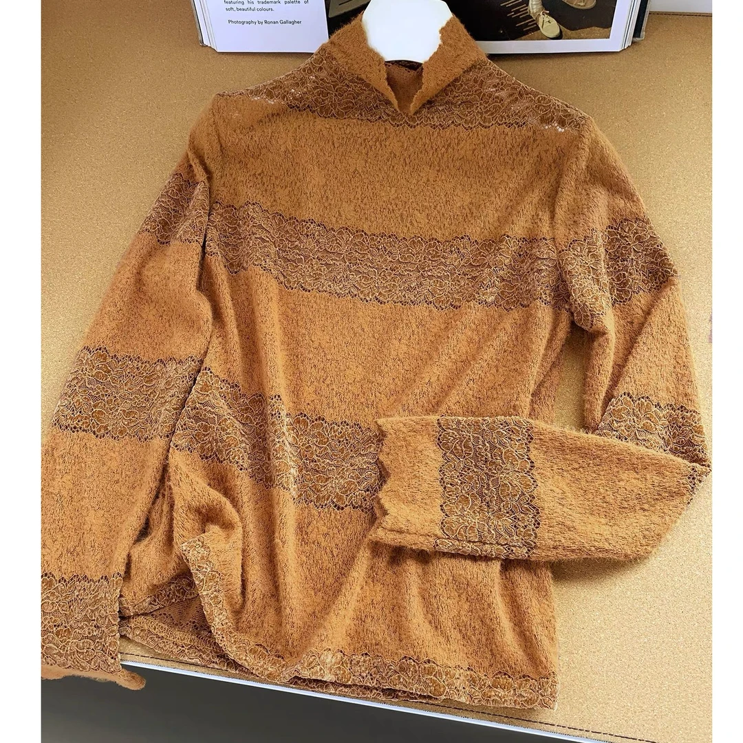 【渣渣植绒网纱衫】MRY680款 拼接百搭镂空半高领长袖