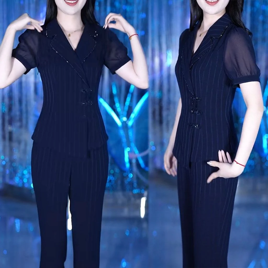 2024夏季新款中式气质显瘦时尚拼接盘扣短袖上衣直筒裤两件套装女