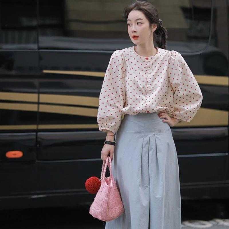 小衫高级感百搭上衣春秋装女2025新款红色波点泡泡袖衬衫别致漂亮