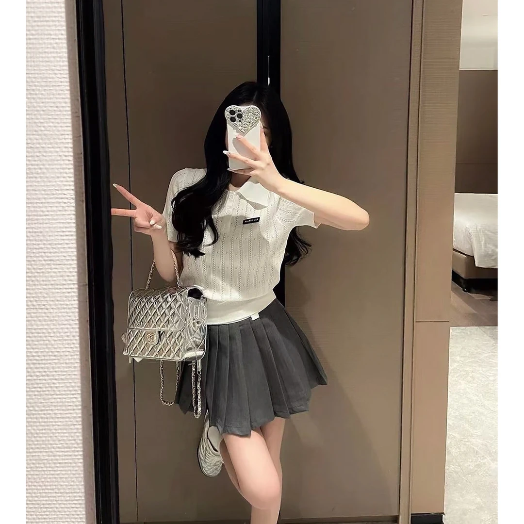 CHENXI POLO针织杉少女风白色翻领短袖学院风减龄夏季上衣-