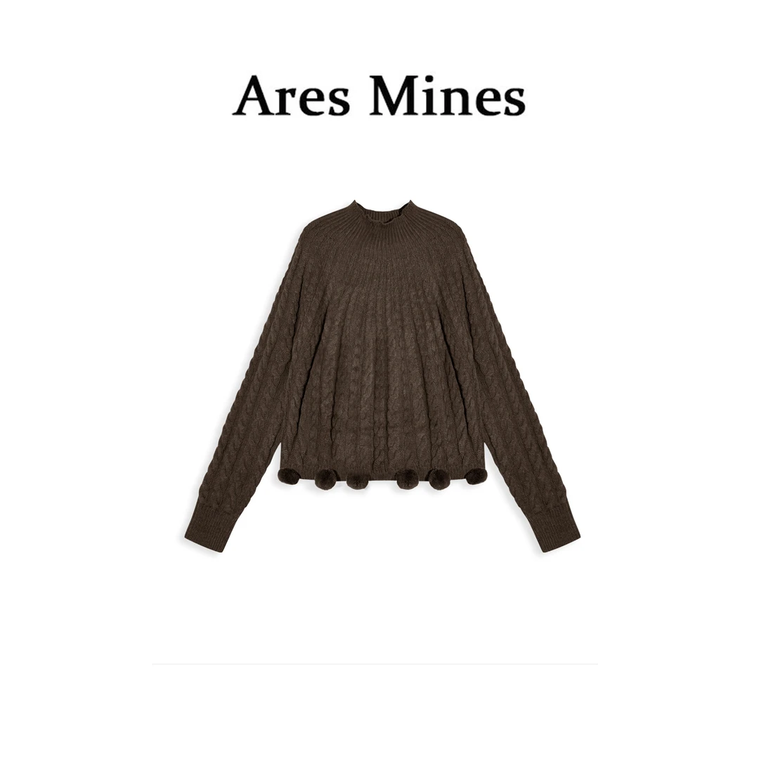 【盛朗熙Ares Mines】午后慵懒 设计感毛球半高领绞花纹针织毛衣