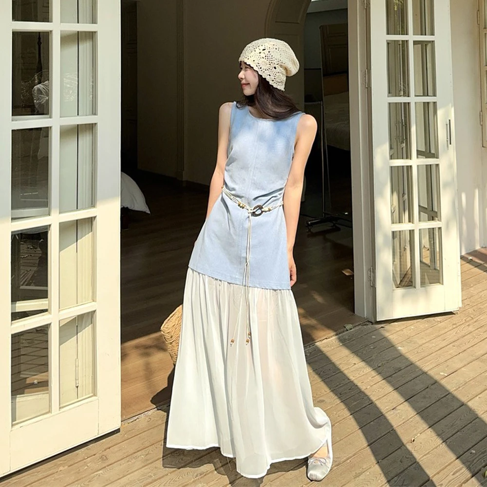 2025新款韩版小个子蕾丝拼接纯欲法式无袖背心连衣裙女显瘦套头