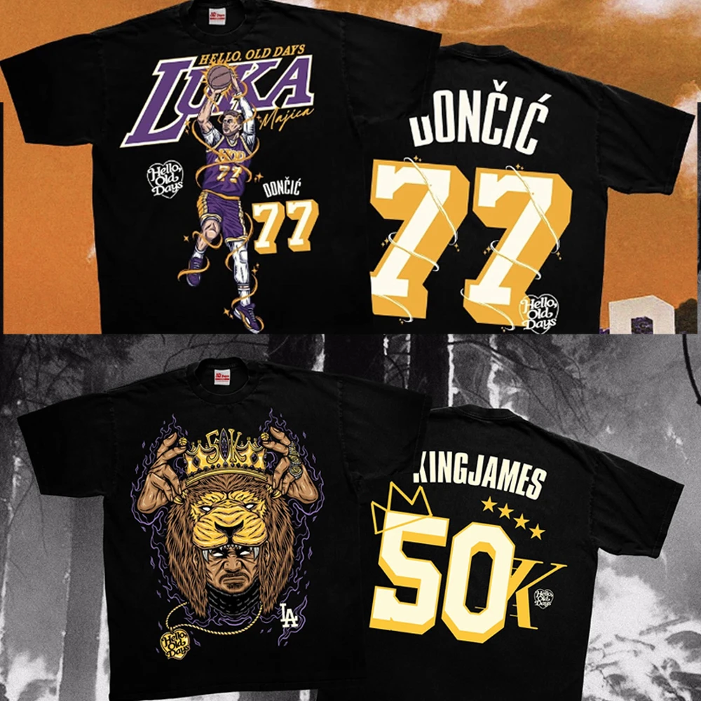 湖人队东契奇77号詹姆斯5万分纪念美式复古短袖T恤50K工程衣服