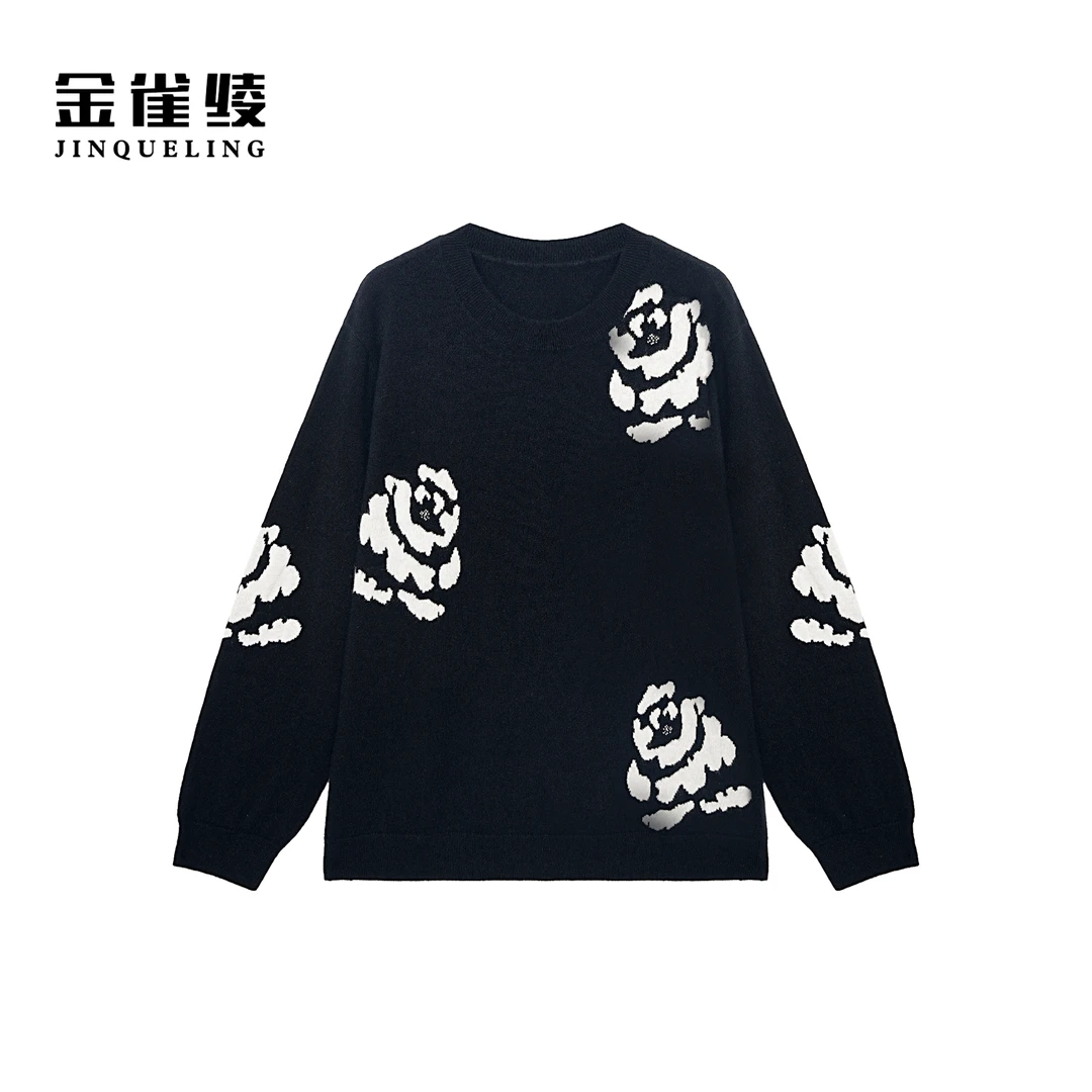 金雀绫【山茶花】100山羊绒嵌花针织加宽加大羊绒衫SZAK3SZJ174