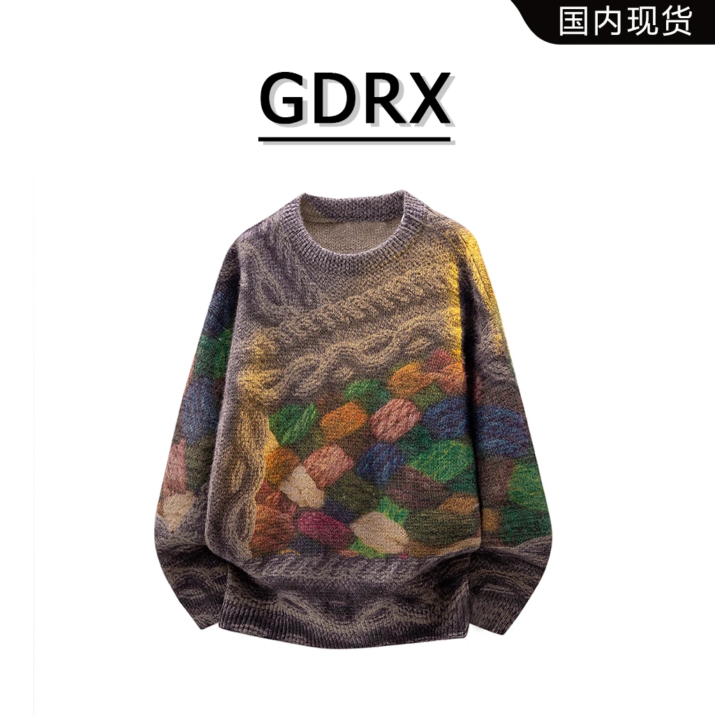 GDRX美式潮流毛衣男秋冬新款针织印花休闲上衣轻奢痞帅男生衣服