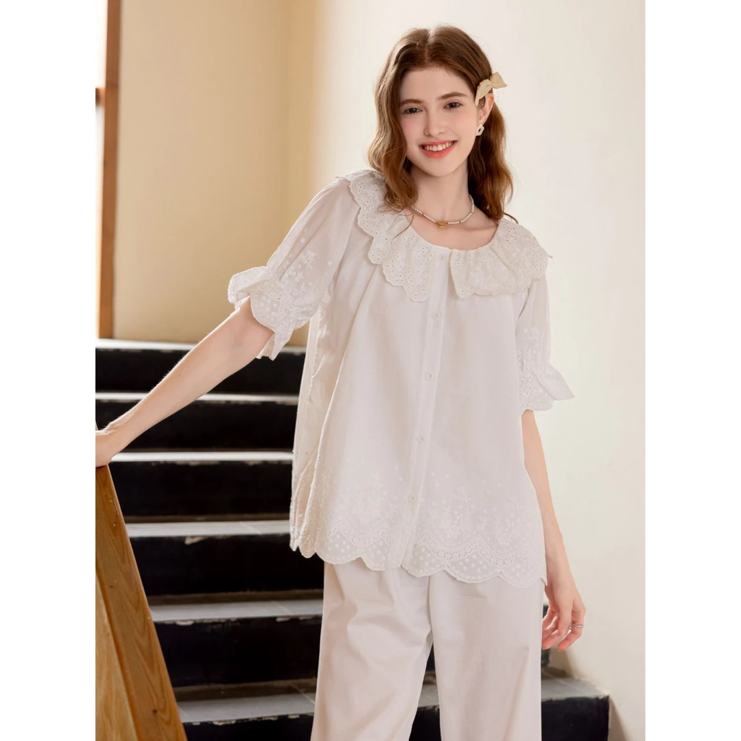 法式纯棉重工刺绣小翻领开衫款显瘦精致高级感短袖长裤家居服套装