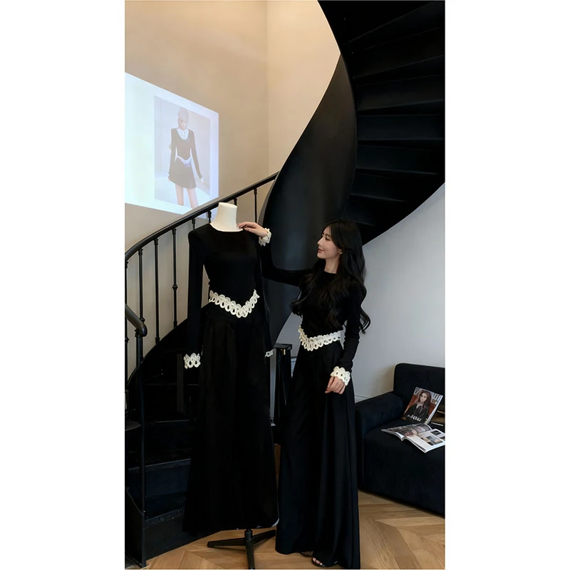 秋日ootd穿搭一整套韩系修身长袖T恤上衣女高腰阔腿裤气质两件套