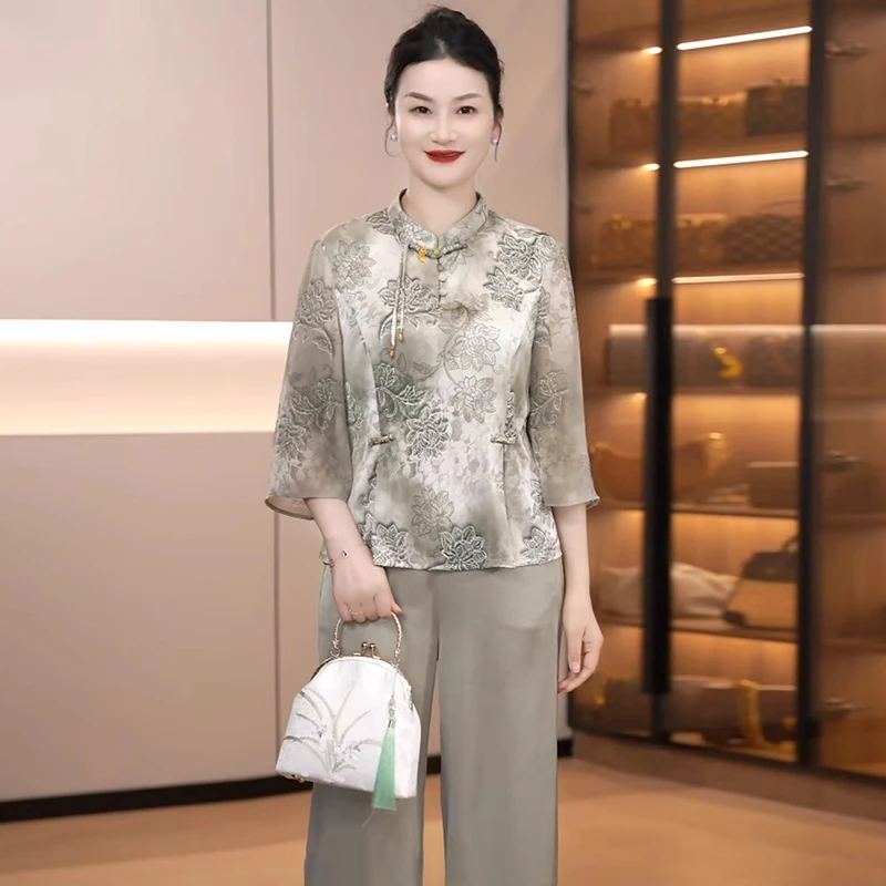 妈妈装新中式国风套装2025新款贵夫人中国风上衣中老年春夏两件套