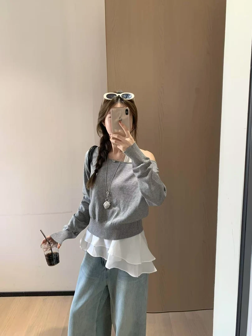 韩11韩系早秋少女感下摆荷叶编背心搭配薄款针织罩衫两件套9098