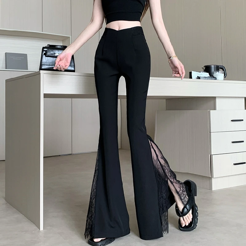辣妹复古蕾丝开叉黑色西装裤女春夏设计感纯欲气质高腰休闲喇叭裤