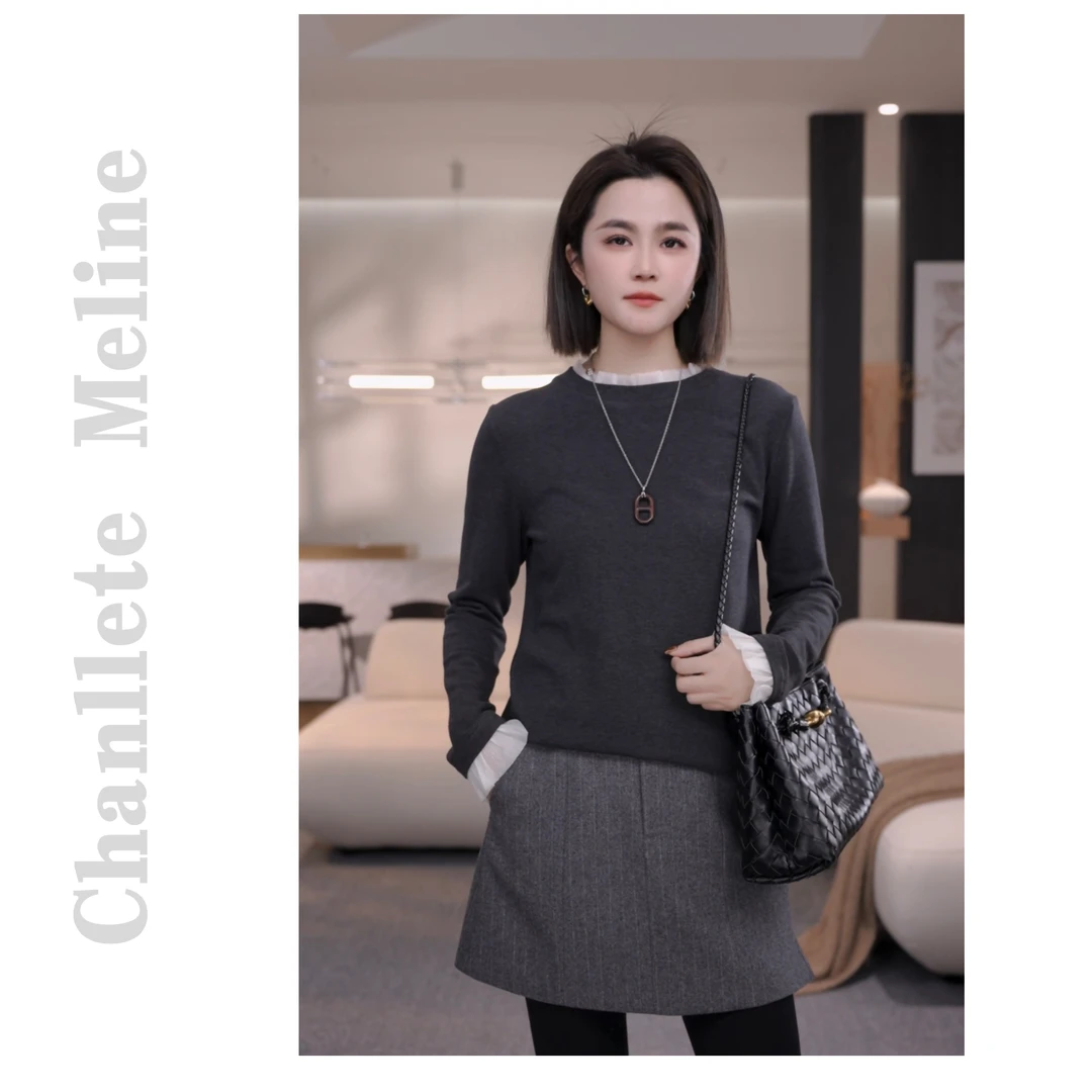 【Chanllete Meline】花边领拼接棉感打底百搭针织上衣CM-1046