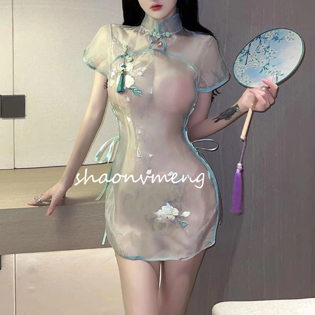 少女梦:清澈茉莉性感国风刺绣睡裙情调纯惑流苏私房睡衣套装
