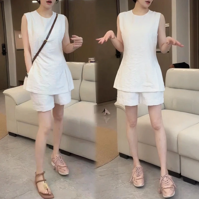 2025年夏季新款圆领无袖上衣高腰短裤套装女时尚百搭洋气两件套潮