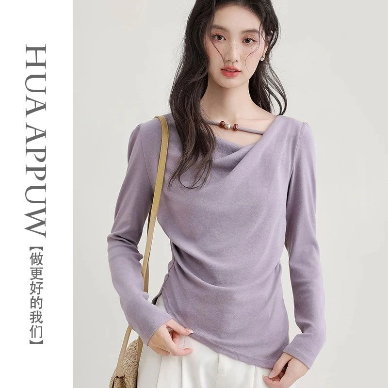 2025早春新款荡领褶皱设计感长袖T恤女不规则内搭打底衫短款上衣