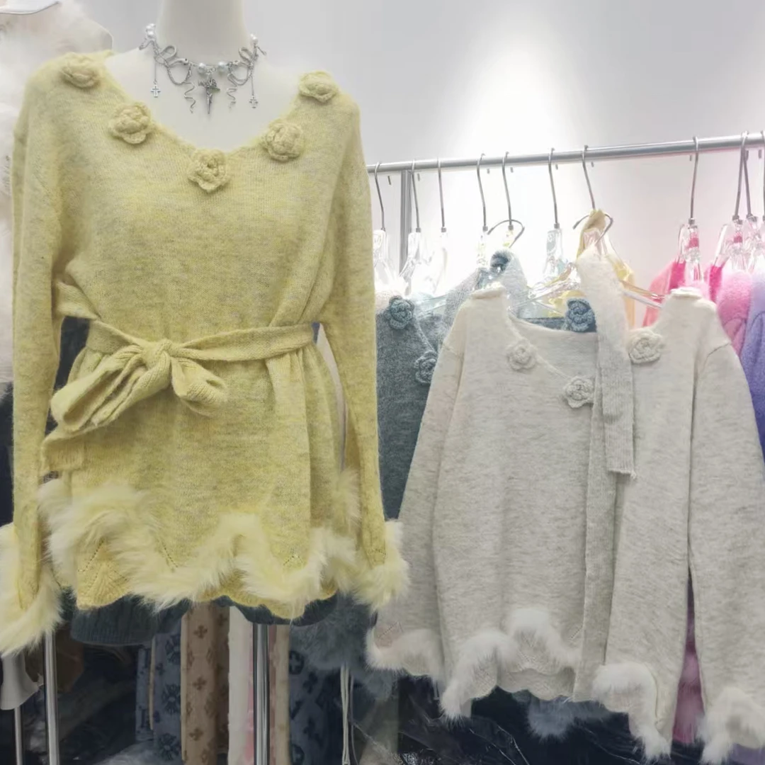 v领拼接花朵冬季慵懒风针织毛针织衫毛衣时尚韩版针织衫