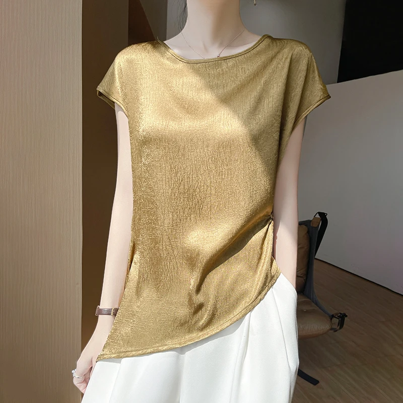 设计感丝滑缎面女士圆领短袖宽松慵懒风醋酸 T桖上衣A80