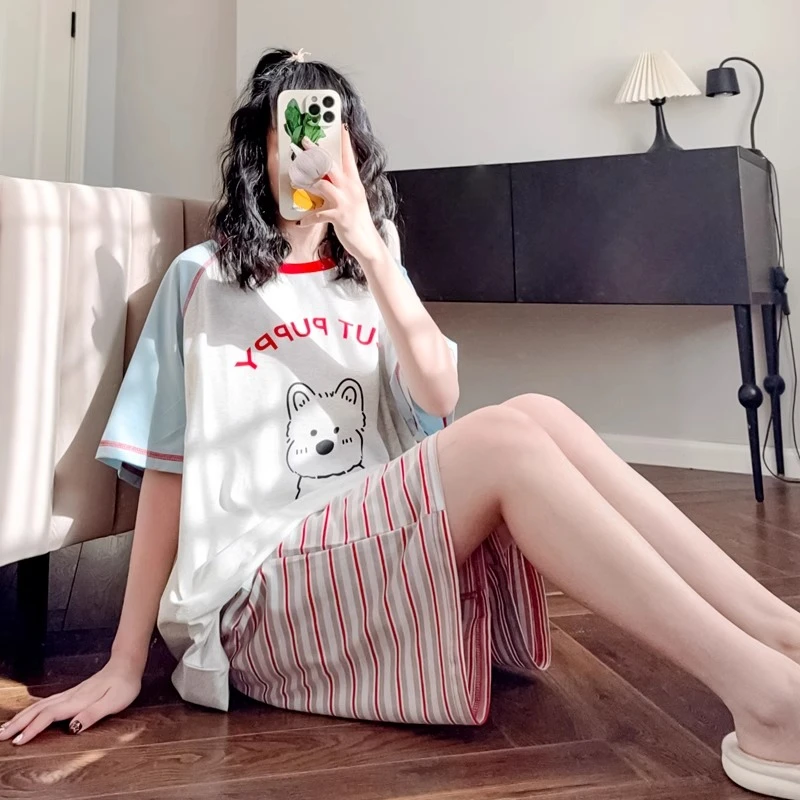 夏季新款卡通条纹睡衣女短袖短裤套装日系可外穿简约家居服两件套