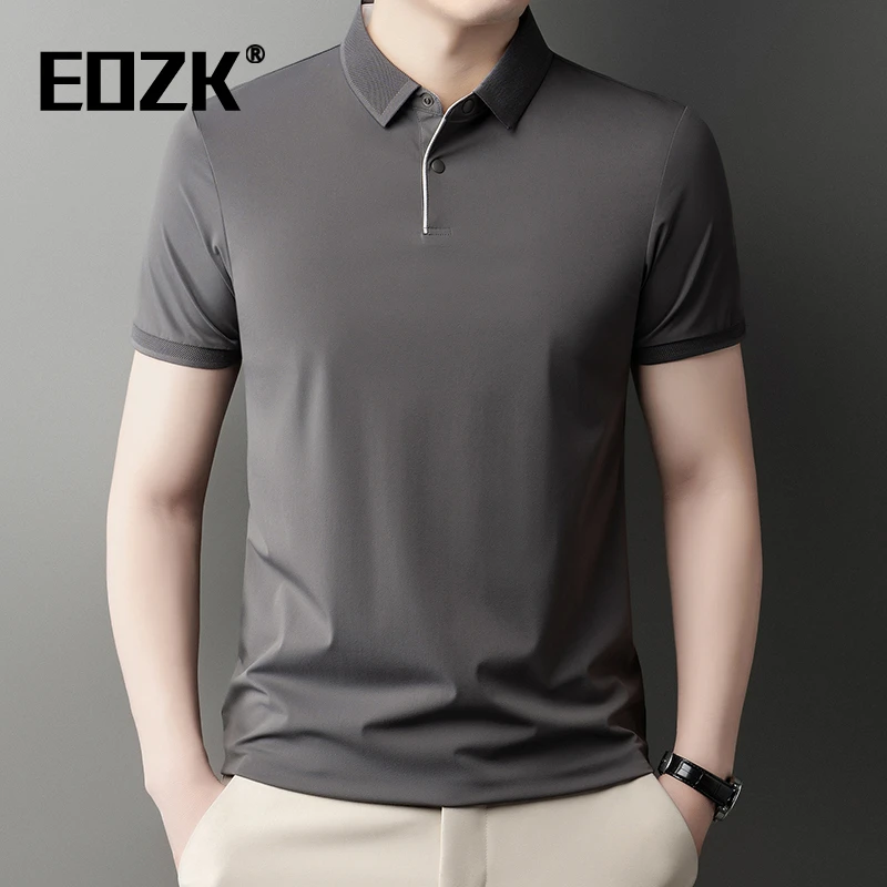 Eozk夏季商务休闲男翻领冰丝短袖t恤中年polo衫薄款纯色半袖体恤
