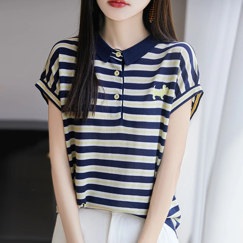 哥弟阿玛施正polo领桑蚕丝短袖t恤女2025新款刺绣条纹宽松上衣薄