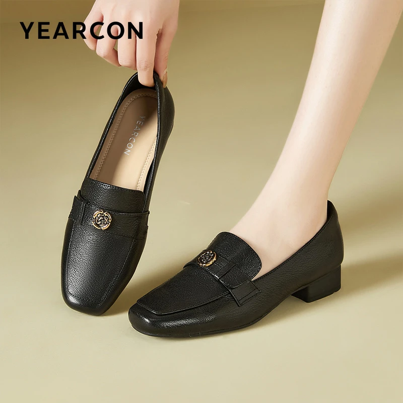 意尔康鞋羊皮女鞋2025春季新款浅口单鞋休闲一脚蹬休闲粗跟乐福鞋