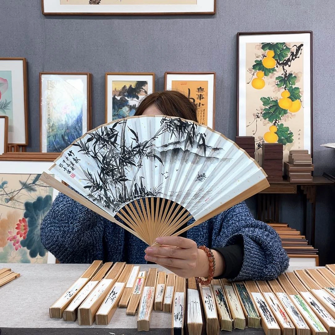 国画8寸玉竹-纯手绘-文玩扇骨（默认粘好）