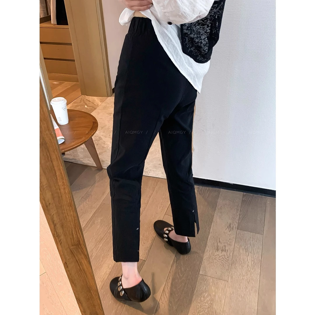 夏季薄款垂感黑色休闲裤女胖mm高腰显瘦凉感弹力直筒开叉九分裤子