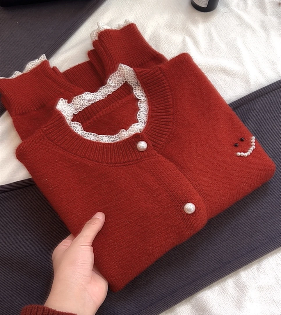 秋冬新款圆领蕾丝钉珠开衫女洋气亮丝针织衫甜美减龄女士毛衣外套