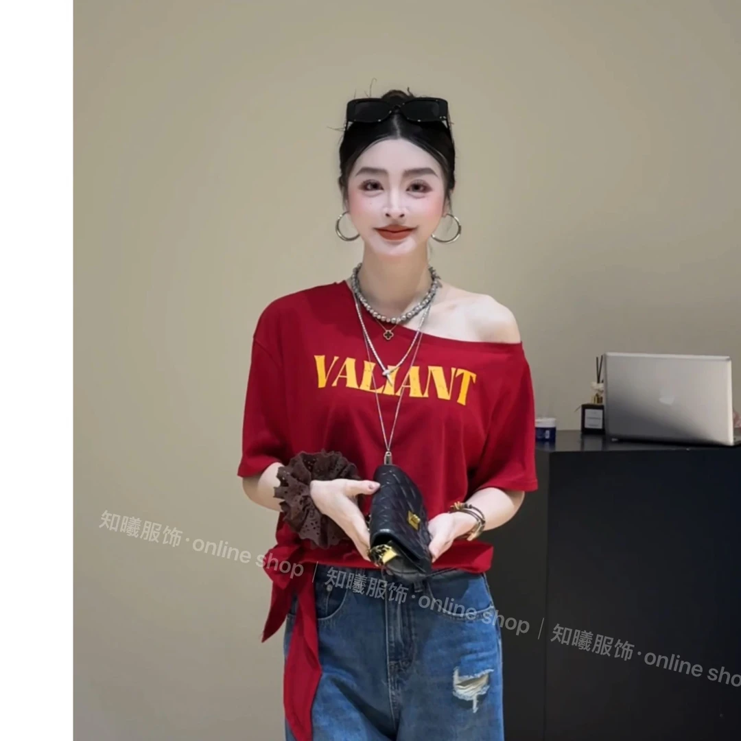 2025夏季新款时尚显瘦百搭斜肩字母印花短袖T恤8202