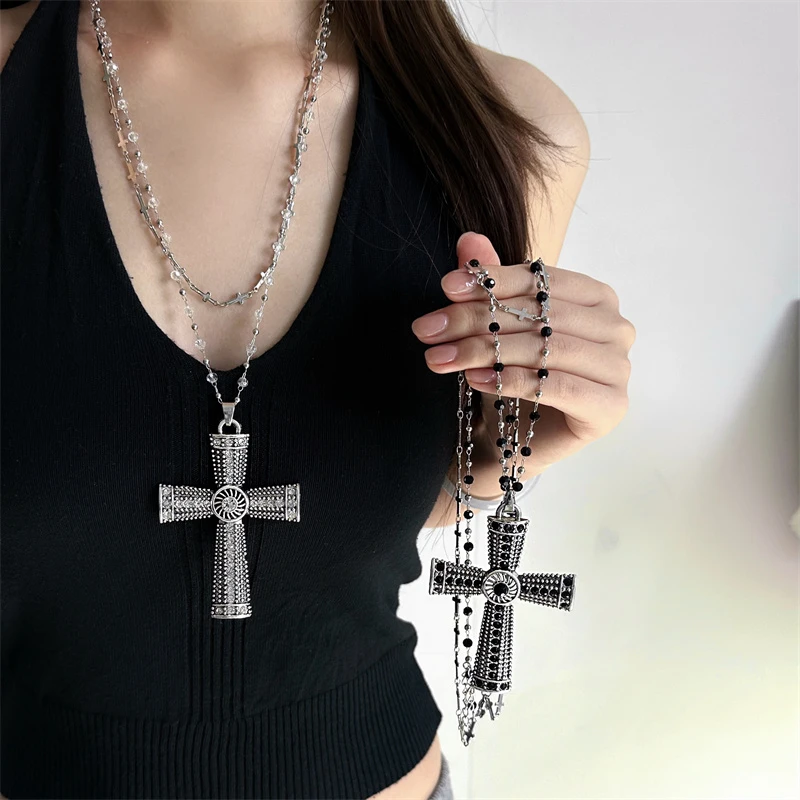 合金亚克力项链 X6114-1复古多层叠戴十字架项链时尚百搭小众长款