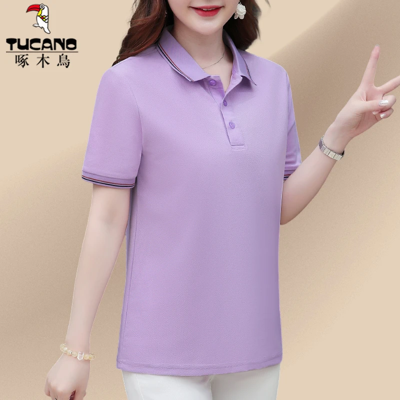 啄木鸟polo衫t恤女休闲新款夏季上衣中年妈妈装时尚紫色短袖体恤