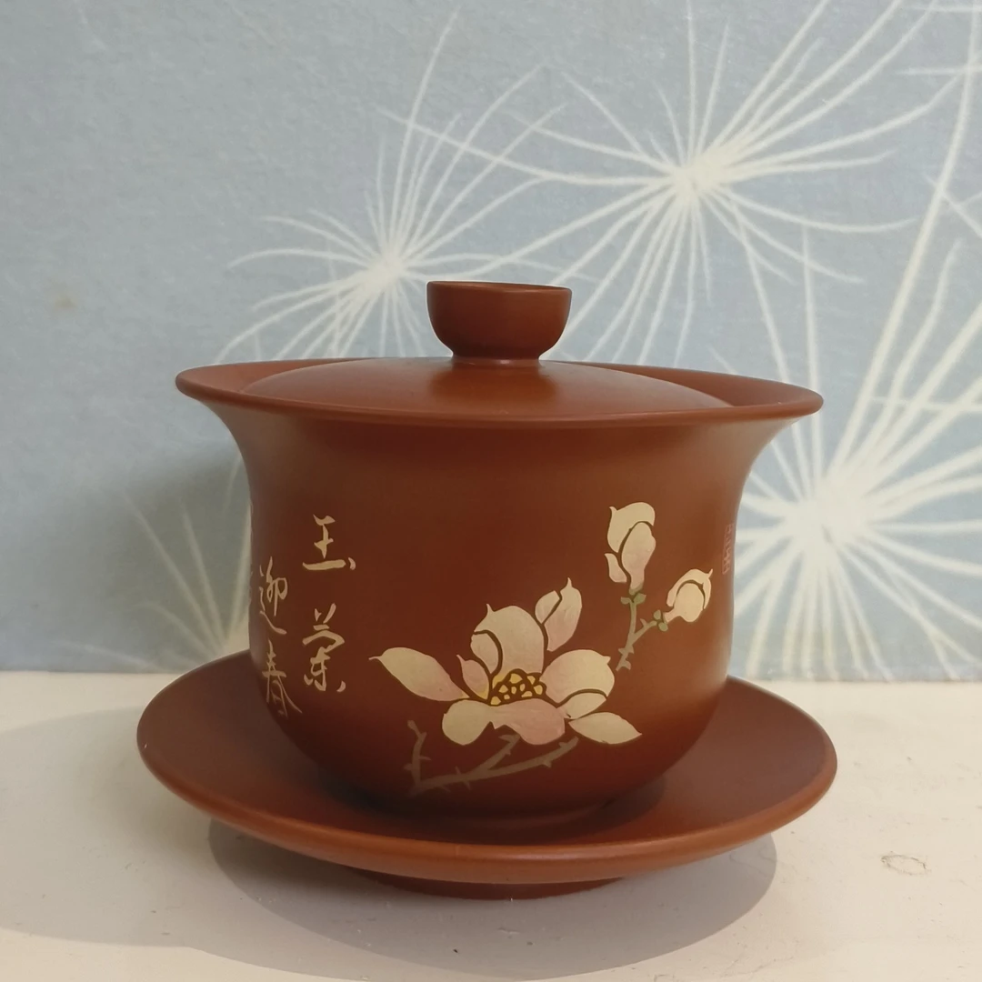 云南建水紫陶盖碗悬停彩填高端盖碗防烫纯手工三才盖碗茶具正宗