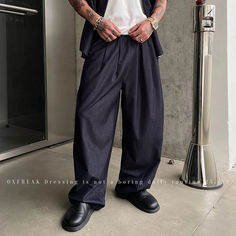 OXFREAK 「丝光缎面 廓形感」A字收褶休闲裤男垂感宽松阔腿弯刀裤