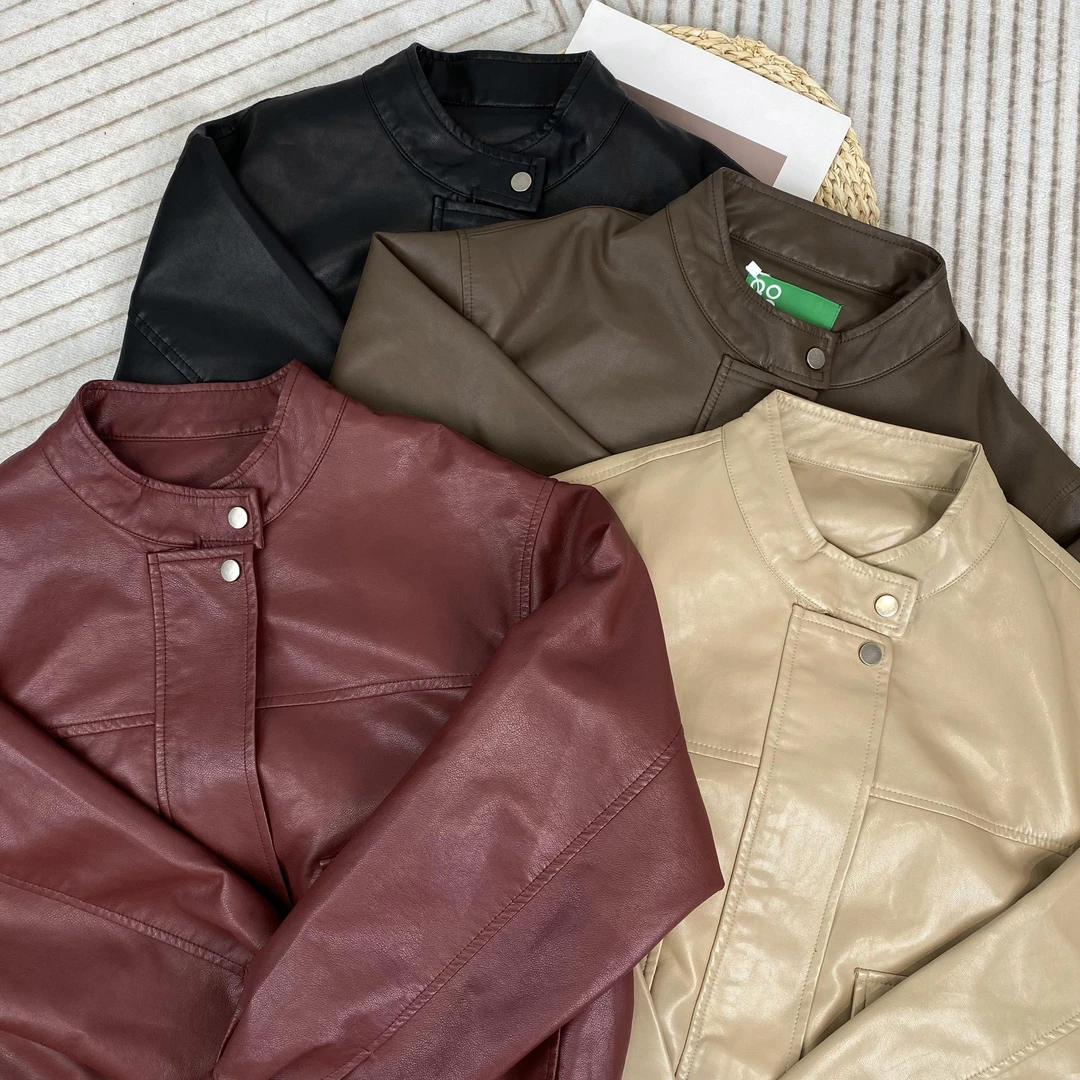 2024年立领高级感酷飒流行复古夹克美式皮衣外套安可拉红W8011